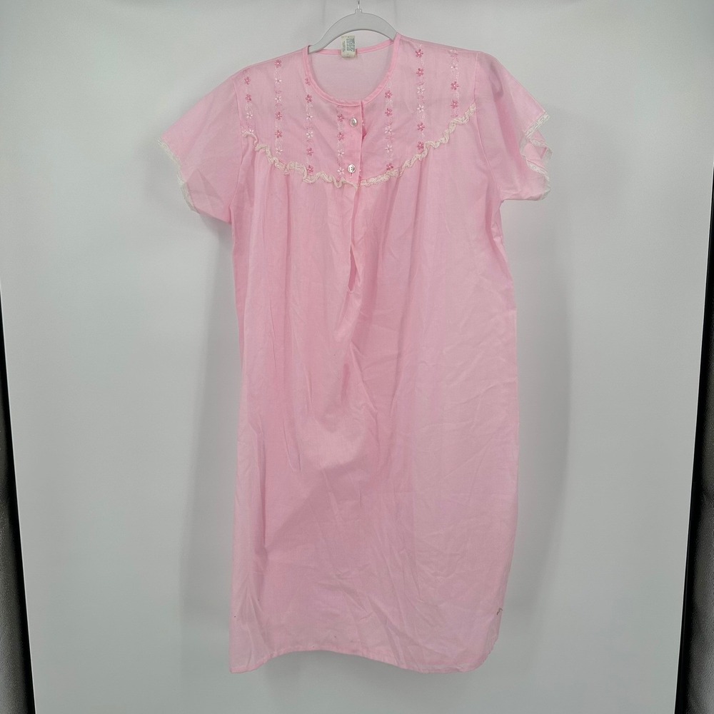 Katz Vintage Pink Floral Embroidered Lace Trim Short Sleeve Nightgown Sz 34 80s